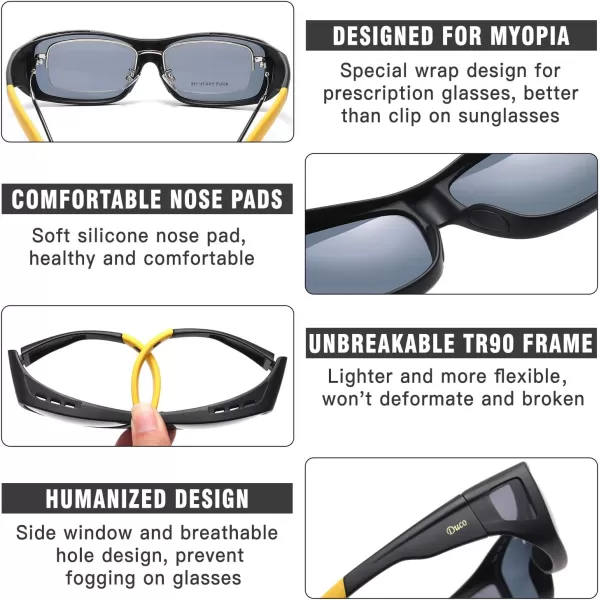 DUCO Wraparound Fitover Glasses Polarized Wear Over Sunglasses for Men Women UV Protection Sun Glasses Driving 8953L Size Black Frame Yellow Temple Grey Lens