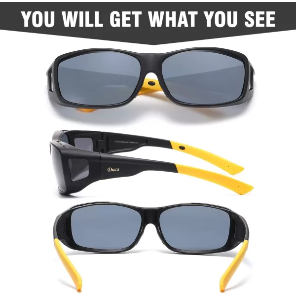 DUCO Wraparound Fitover Glasses Polarized Wear Over Sunglasses for Men Women UV Protection Sun Glasses Driving 8953L Size Black Frame Yellow Temple Grey Lens
