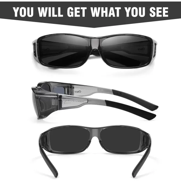 DUCO Wraparound Fitover Glasses Polarized Wear Over Sunglasses for Men Women UV Protection Sun Glasses Driving 8953L Size Clear Grey Frame Grey