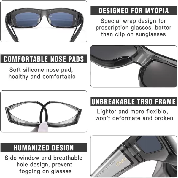 DUCO Wraparound Fitover Glasses Polarized Wear Over Sunglasses for Men Women UV Protection Sun Glasses Driving 8953L Size Clear Grey Frame Grey