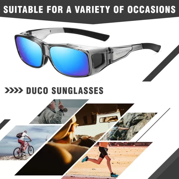 DUCO Wraparound Fitover Glasses Polarized Wear Over Sunglasses for Men Women UV Protection Sun Glasses Driving 8953L Size Clear Grey Frame Revo Blue