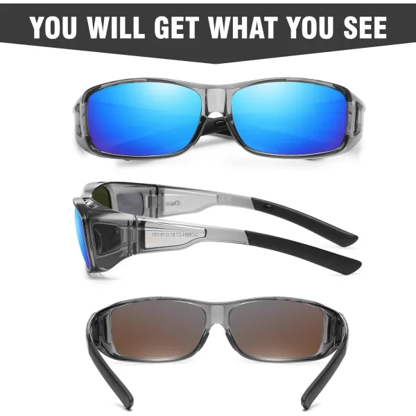 DUCO Wraparound Fitover Glasses Polarized Wear Over Sunglasses for Men Women UV Protection Sun Glasses Driving 8953L Size Clear Grey Frame Revo Blue