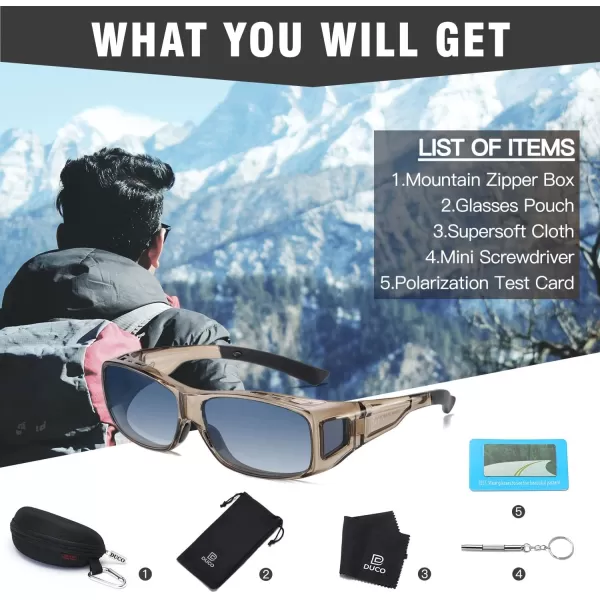 DUCO Wraparound Fitover Glasses Polarized Wear Over Sunglasses for Men Women UV Protection Sun Glasses Driving 8953L Size Transparent Brown Frame Blue Lens