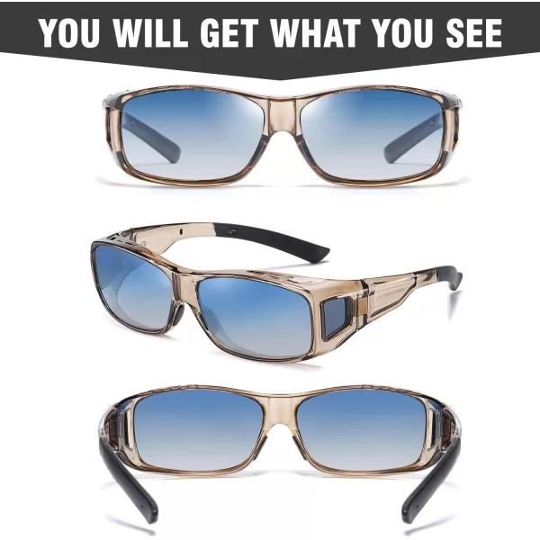 DUCO Wraparound Fitover Glasses Polarized Wear Over Sunglasses for Men Women UV Protection Sun Glasses Driving 8953L Size Transparent Brown Frame Blue Lens