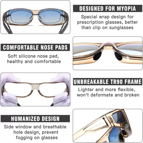 DUCO Wraparound Fitover Glasses Polarized Wear Over Sunglasses for Men Women UV Protection Sun Glasses Driving 8953L Size Transparent Brown Frame Blue Lens