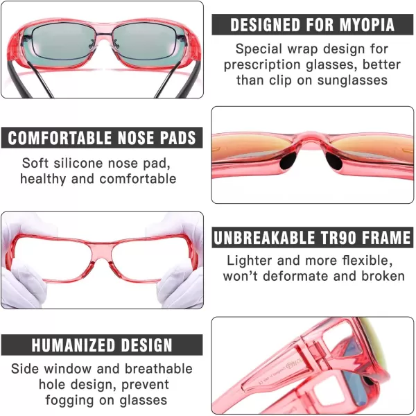 DUCO Wraparound Fitover Glasses Polarized Wear Over Sunglasses for Men Women UV Protection Sun Glasses Driving 8953L Size Transparent Pink Frame Pink Lens