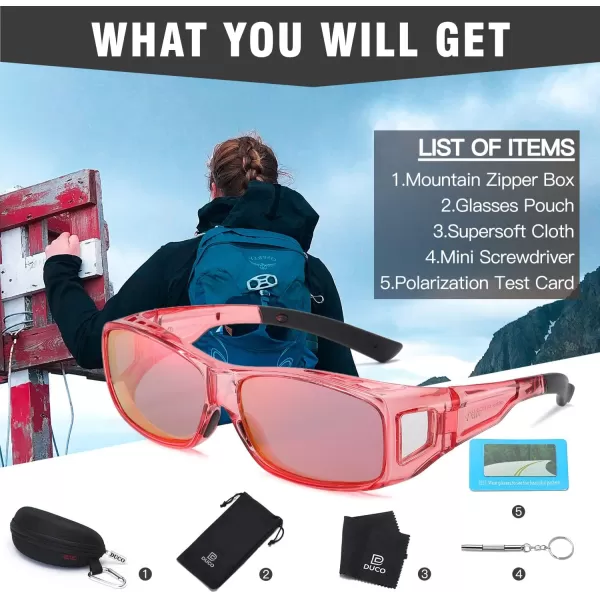 DUCO Wraparound Fitover Glasses Polarized Wear Over Sunglasses for Men Women UV Protection Sun Glasses Driving 8953L Size Transparent Pink Frame Pink Lens