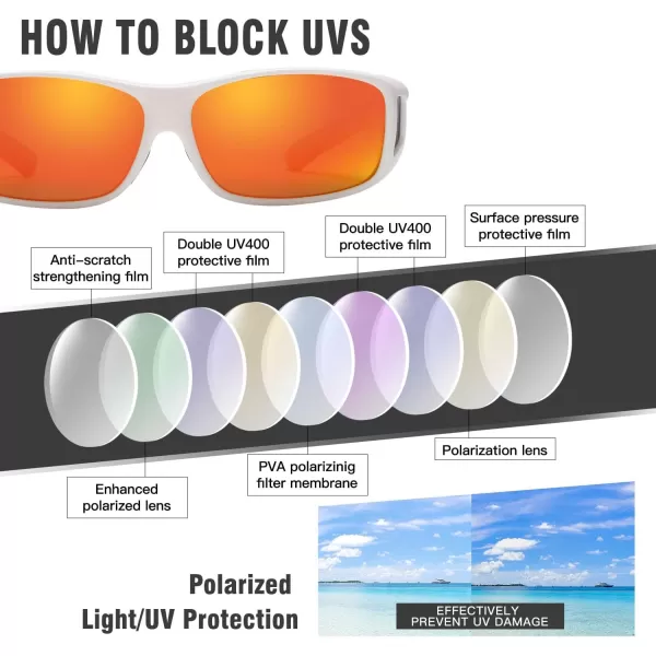 DUCO Wraparound Fitover Glasses Polarized Wear Over Sunglasses for Men Women UV Protection Sun Glasses Driving 8953L Size White Frame Revo Red Lens