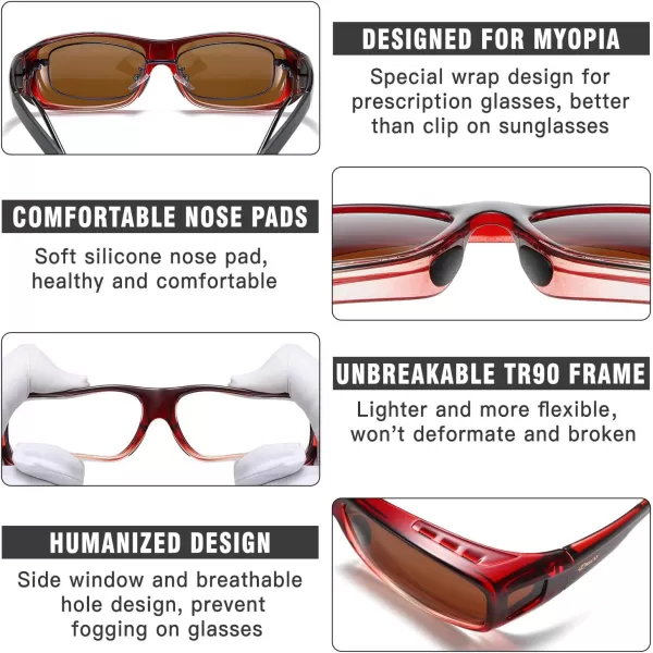 DUCO Wraparound Fitover Glasses Polarized Wear Over Sunglasses for Men Women UV Protection Sun Glasses Driving 8953L Size Wine Red Frame Brown Lens