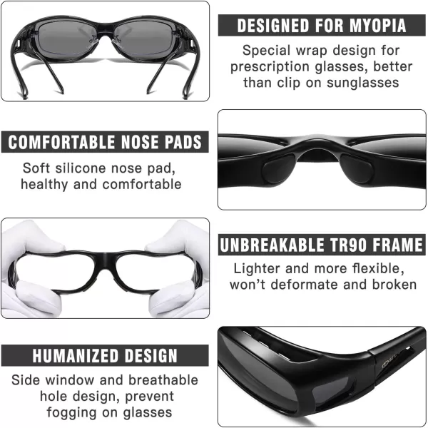 DUCO Wraparound Fitover Glasses Polarized Wear Over Sunglasses for Men Women UV Protection Sun Glasses Driving 8953M Size Black Frame Gray Lens