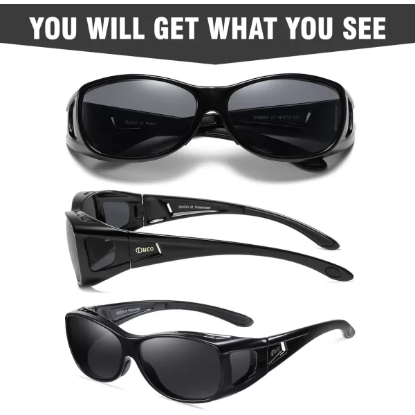 DUCO Wraparound Fitover Glasses Polarized Wear Over Sunglasses for Men Women UV Protection Sun Glasses Driving 8953M Size Black Frame Gray Lens