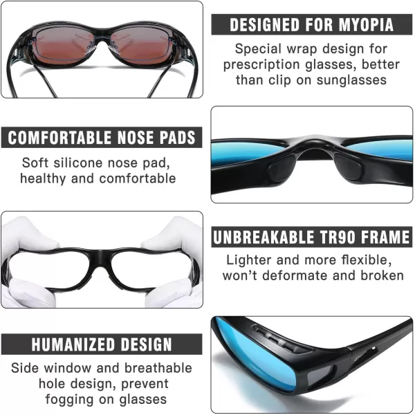 DUCO Wraparound Fitover Glasses Polarized Wear Over Sunglasses for Men Women UV Protection Sun Glasses Driving 8953M Size Black Frame Revo Blue Lens