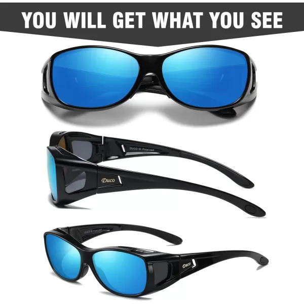 DUCO Wraparound Fitover Glasses Polarized Wear Over Sunglasses for Men Women UV Protection Sun Glasses Driving 8953M Size Black Frame Revo Blue Lens