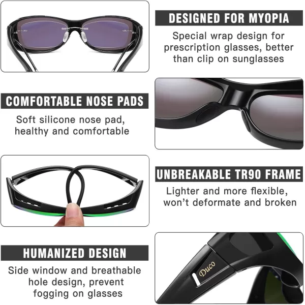 DUCO Wraparound Fitover Glasses Polarized Wear Over Sunglasses for Men Women UV Protection Sun Glasses Driving 8953M Size Black Frame Revo Green