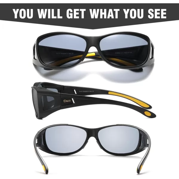 DUCO Wraparound Fitover Glasses Polarized Wear Over Sunglasses for Men Women UV Protection Sun Glasses Driving 8953M Size Black Frame Yellow Temple Grey Lens
