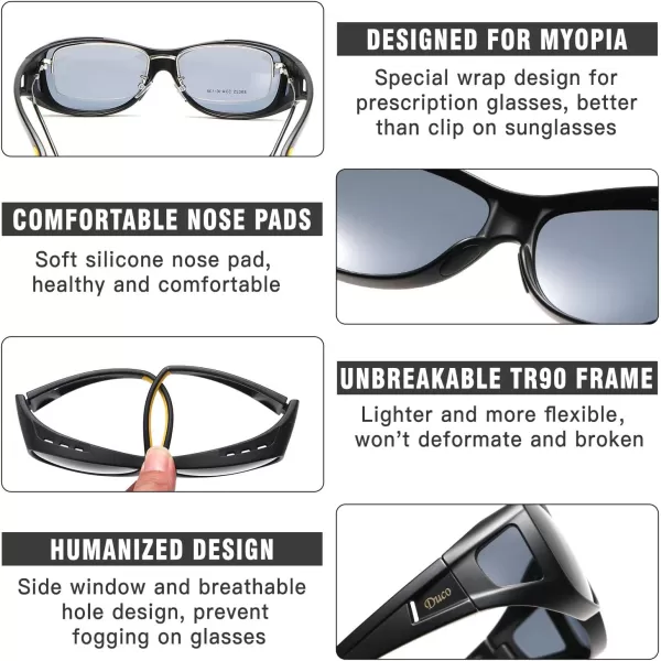 DUCO Wraparound Fitover Glasses Polarized Wear Over Sunglasses for Men Women UV Protection Sun Glasses Driving 8953M Size Black Frame Yellow Temple Grey Lens