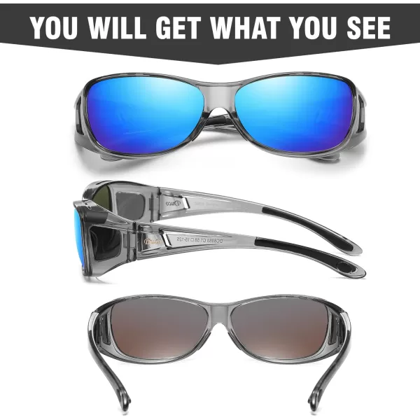 DUCO Wraparound Fitover Glasses Polarized Wear Over Sunglasses for Men Women UV Protection Sun Glasses Driving 8953M Size Clear Grey Frame Revo Blue