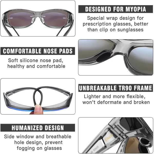 DUCO Wraparound Fitover Glasses Polarized Wear Over Sunglasses for Men Women UV Protection Sun Glasses Driving 8953M Size Clear Grey Frame Revo Blue