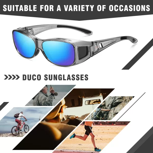 DUCO Wraparound Fitover Glasses Polarized Wear Over Sunglasses for Men Women UV Protection Sun Glasses Driving 8953M Size Clear Grey Frame Revo Blue