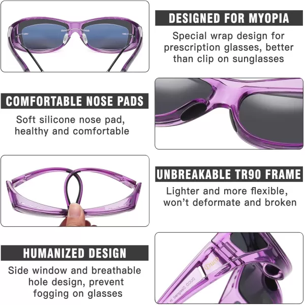 DUCO Wraparound Fitover Glasses Polarized Wear Over Sunglasses for Men Women UV Protection Sun Glasses Driving 8953M Size Clear Purple Frame Grey
