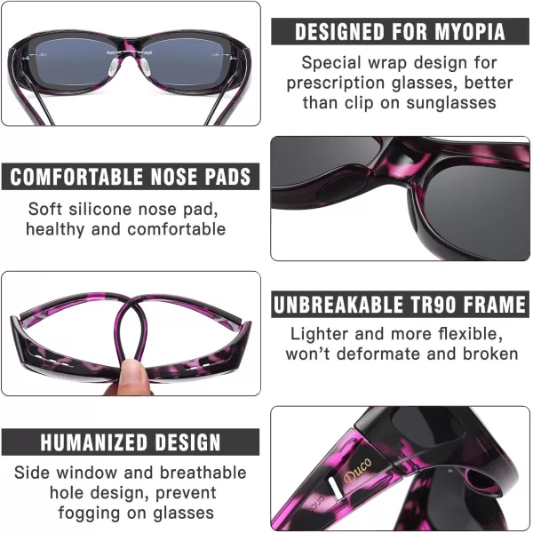 DUCO Wraparound Fitover Glasses Polarized Wear Over Sunglasses for Men Women UV Protection Sun Glasses Driving 8953M Size Purple Tortoise Frame Grey