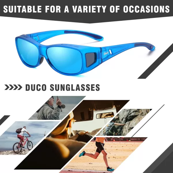 DUCO Wraparound Fitover Glasses Polarized Wear Over Sunglasses for Men Women UV Protection Sun Glasses Driving 8953M Size Transparent Blue Frame Revo Blue Lens