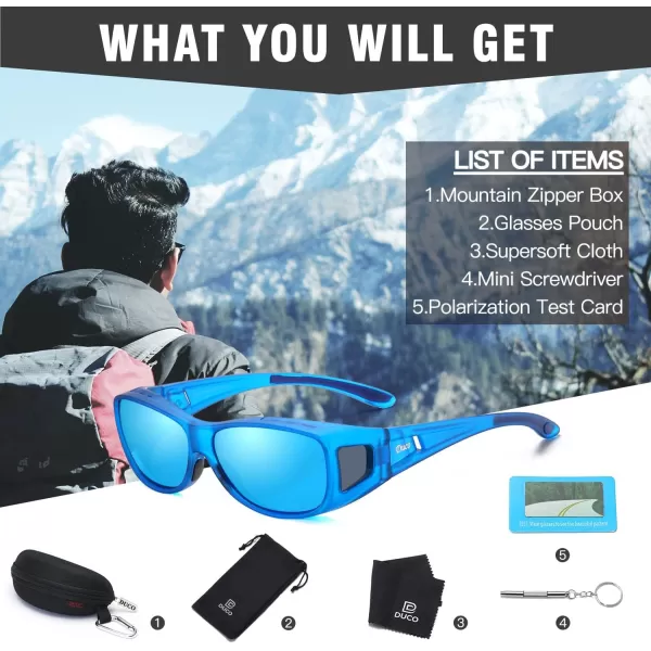 DUCO Wraparound Fitover Glasses Polarized Wear Over Sunglasses for Men Women UV Protection Sun Glasses Driving 8953M Size Transparent Blue Frame Revo Blue Lens