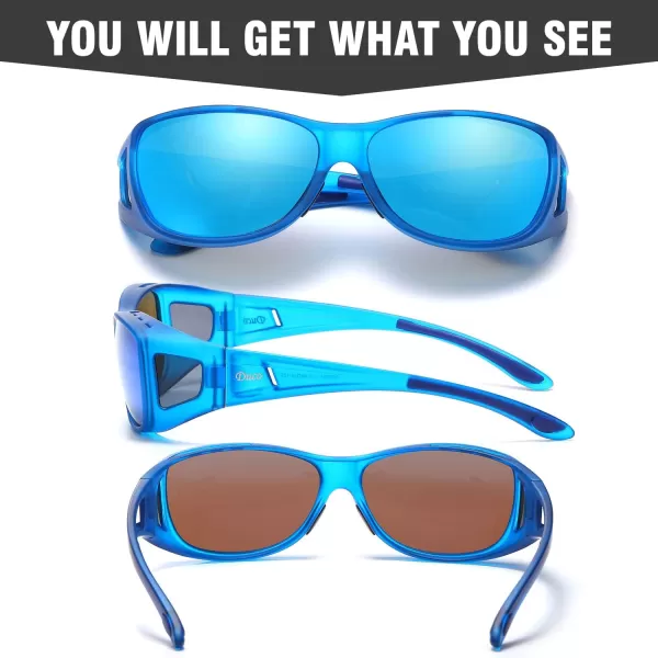 DUCO Wraparound Fitover Glasses Polarized Wear Over Sunglasses for Men Women UV Protection Sun Glasses Driving 8953M Size Transparent Blue Frame Revo Blue Lens