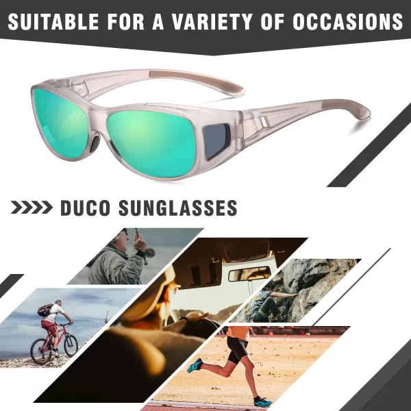 DUCO Wraparound Fitover Glasses Polarized Wear Over Sunglasses for Men Women UV Protection Sun Glasses Driving 8953M Size Transparent Grey Frame Revo Green Lens