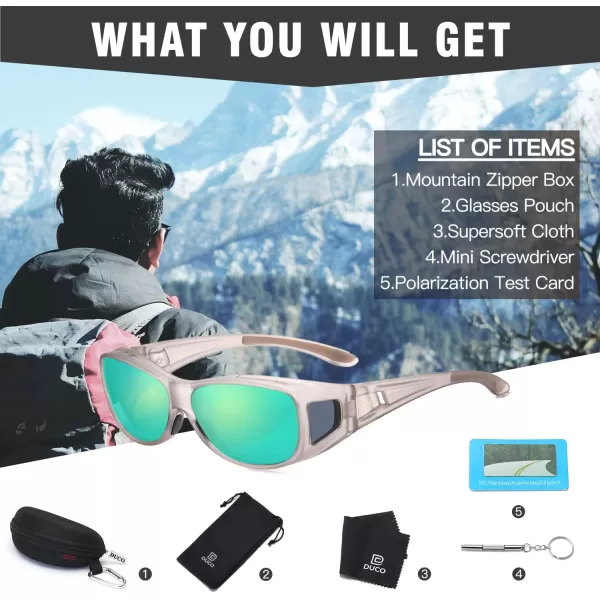 DUCO Wraparound Fitover Glasses Polarized Wear Over Sunglasses for Men Women UV Protection Sun Glasses Driving 8953M Size Transparent Grey Frame Revo Green Lens