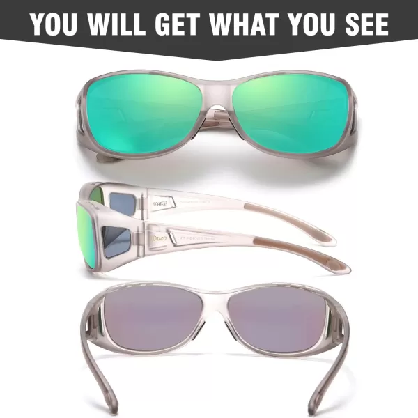 DUCO Wraparound Fitover Glasses Polarized Wear Over Sunglasses for Men Women UV Protection Sun Glasses Driving 8953M Size Transparent Grey Frame Revo Green Lens