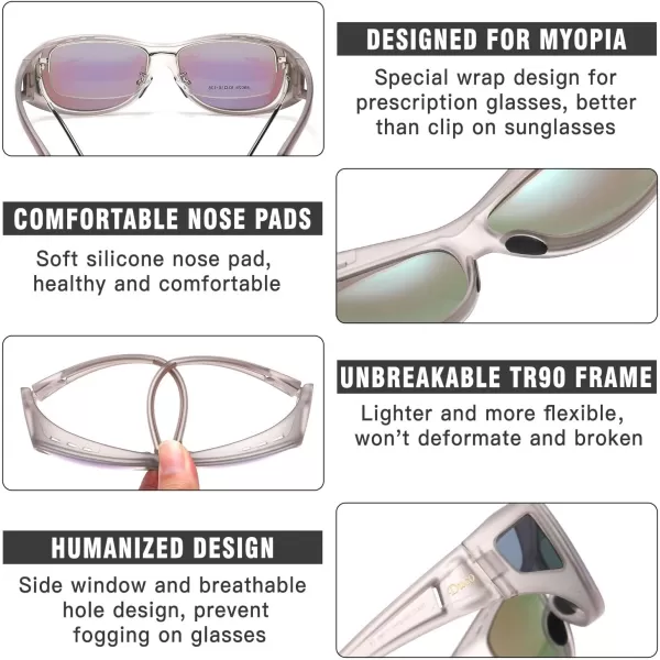 DUCO Wraparound Fitover Glasses Polarized Wear Over Sunglasses for Men Women UV Protection Sun Glasses Driving 8953M Size Transparent Grey Frame Revo Green Lens