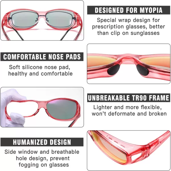 DUCO Wraparound Fitover Glasses Polarized Wear Over Sunglasses for Men Women UV Protection Sun Glasses Driving 8953M Size Transparent Pink Frame Pink Lens
