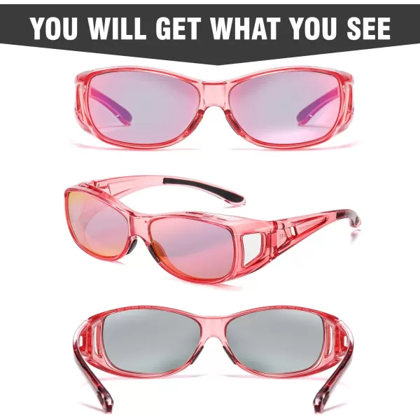 DUCO Wraparound Fitover Glasses Polarized Wear Over Sunglasses for Men Women UV Protection Sun Glasses Driving 8953M Size Transparent Pink Frame Pink Lens