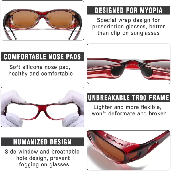 DUCO Wraparound Fitover Glasses Polarized Wear Over Sunglasses for Men Women UV Protection Sun Glasses Driving 8953M Size Wine Red Frame Brown Lens