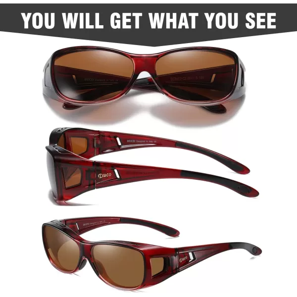 DUCO Wraparound Fitover Glasses Polarized Wear Over Sunglasses for Men Women UV Protection Sun Glasses Driving 8953M Size Wine Red Frame Brown Lens
