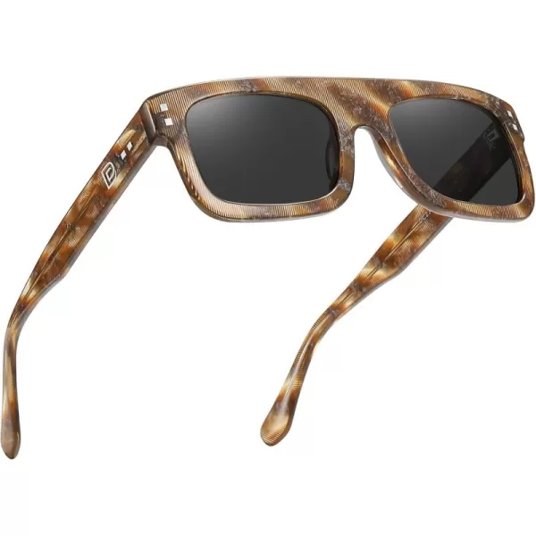 DUCO Retro Rectangle Polarized Sunglasses for Men Women Vintage Flat Top Acetate Sun Glasses UV400 Protection DC2360Brown Stripe Frame Grey Lens