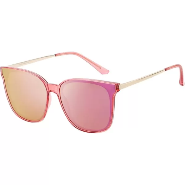 DUCO Retro Round Sunglasses for Women Vintage Polarized Woman Shades Lightweight PC Frame UV400 Protection Sun Glasses W01601 Transparent Pink Frame Pink Lens