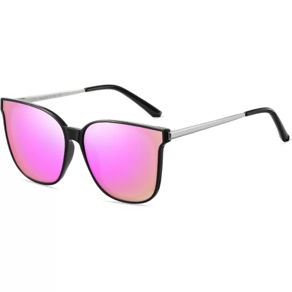DUCO Retro Round Sunglasses for Women Vintage Polarized Woman Shades Lightweight PC Frame UV400 Protection Sun Glasses W01602 Black Frame Revo Pink Lens