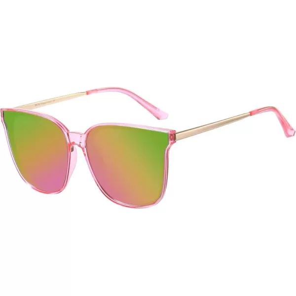 DUCO Retro Round Sunglasses for Women Vintage Polarized Woman Shades Lightweight PC Frame UV400 Protection Sun Glasses W01607 Pink Frame Colorful Lens