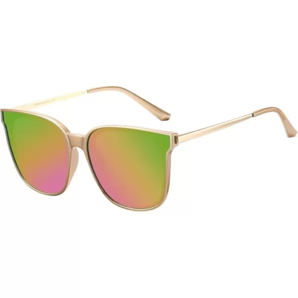 DUCO Retro Round Sunglasses for Women Vintage Polarized Woman Shades Lightweight PC Frame UV400 Protection Sun Glasses W01609 Gold Frame Green Colorful Lens