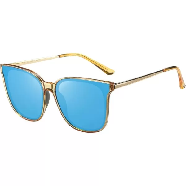 DUCO Retro Round Sunglasses for Women Vintage Polarized Woman Shades Lightweight PC Frame UV400 Protection Sun Glasses W01610 Gold Frame Blue Lens