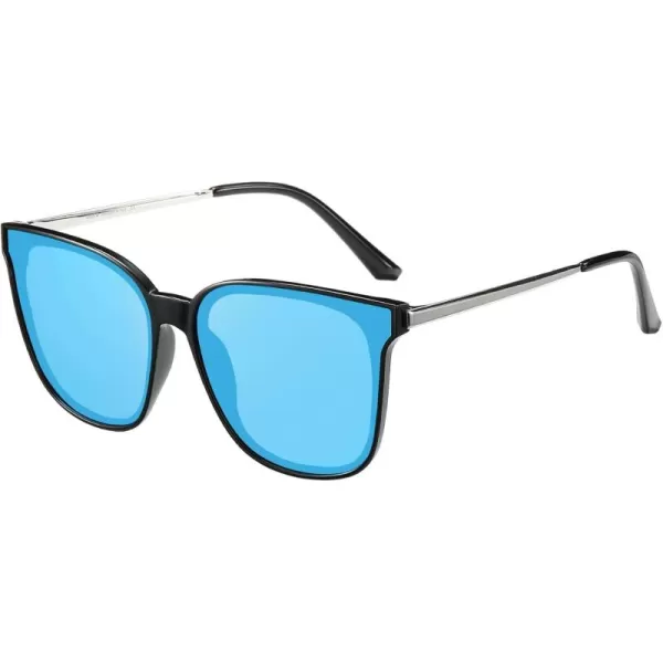 DUCO Retro Round Sunglasses for Women Vintage Polarized Woman Shades Lightweight PC Frame UV400 Protection Sun Glasses W01612 Black Frame Revo Blue Lens