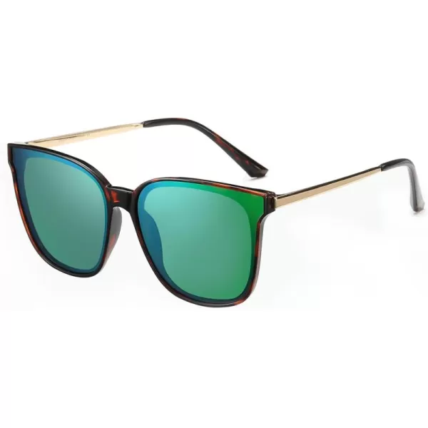 DUCO Retro Round Sunglasses for Women Vintage Polarized Woman Shades Lightweight PC Frame UV400 Protection Sun Glasses W01613 Tortoise Frame Revo Green Lens