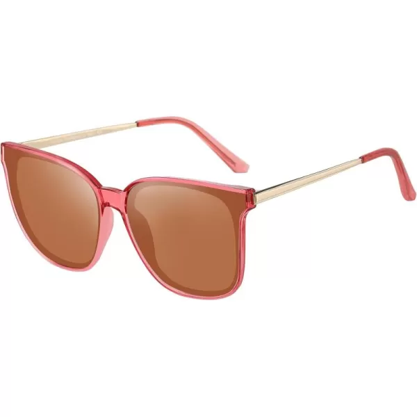 DUCO Retro Round Sunglasses for Women Vintage Polarized Woman Shades Lightweight PC Frame UV400 Protection Sun Glasses W01617 Transparent Pink Frame Brown Lens