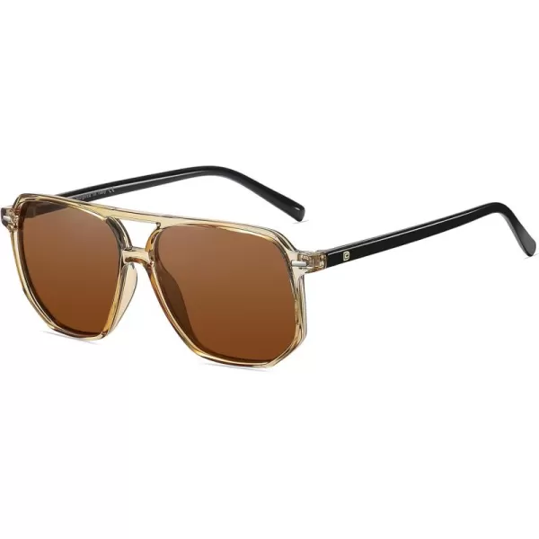 DUCO Retro Vintage Square Polarized Aviator Sunglasses Womens Mens Double Bridge Sun Glasses DC3001Transparent Gold Frame Brown Lens