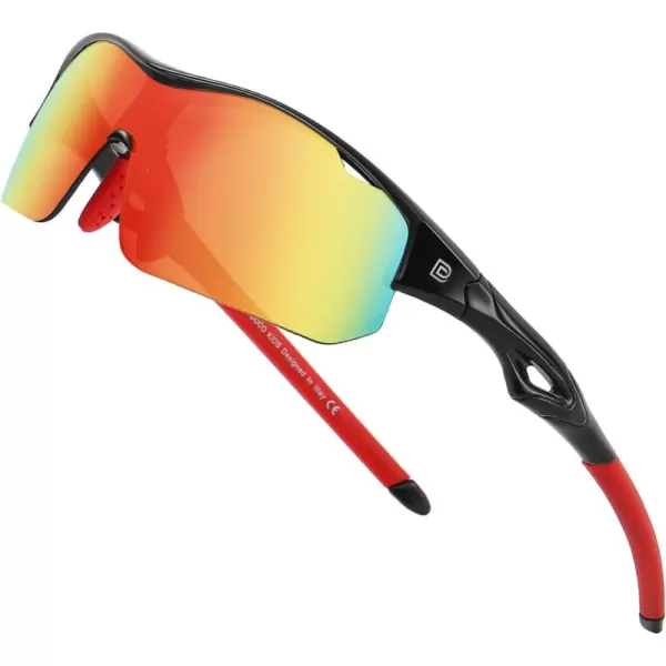 DUCO Sports Youth Baseball Sunglasses for Kids Unbreakable TR90 Frame Lightweight Sun Glasses for Boys and Girls DK261Black Frame Red Temple Revo Orange Lens