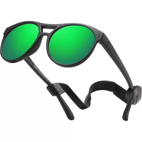 DUCO Sunglasses for Kids Boys Girls UV Protection Vintage Flexible Safety Polarized Sun Glasses with Strap DK030Revo Green