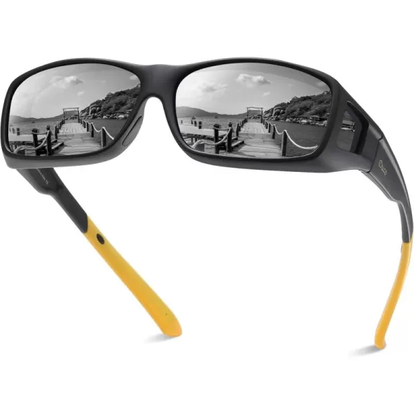 DUCO Wraparound Fitover Glasses Polarized Wear Over Sunglasses for Men Women UV Protection Sun Glasses Driving 8953L Size Black Frame Yellow Temple Grey Lens