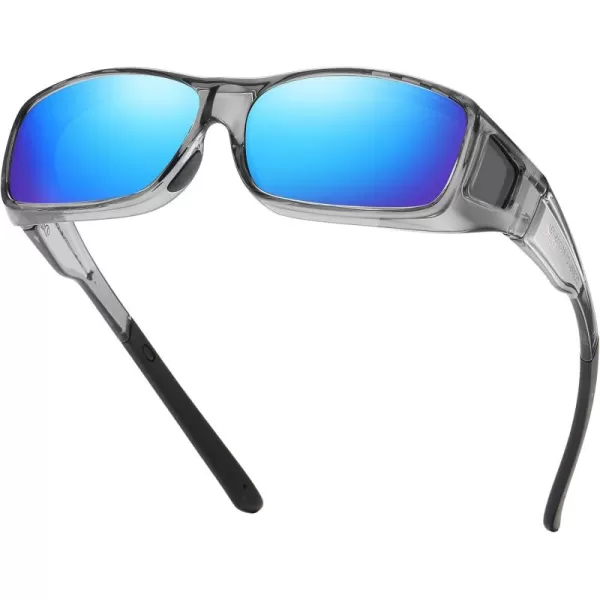 DUCO Wraparound Fitover Glasses Polarized Wear Over Sunglasses for Men Women UV Protection Sun Glasses Driving 8953L Size Clear Grey Frame Revo Blue